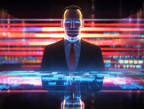 Futuristic businessman with digital interface represents cutting edge technology solutions and data science