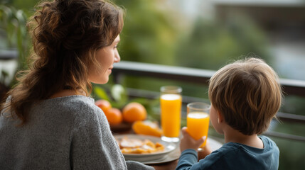 Parent and youngster enjoying breakfast on balcony faceless mother son defocused outdoor background peaceful sharing moment morning meal scene family connection visualization