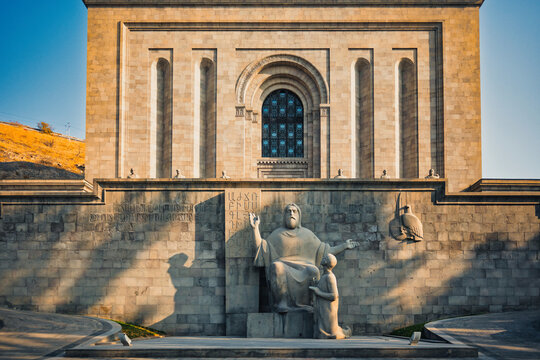 Yerevan Armenia 11.20.2025. The front of a large building matenadaran Mesrop Mashtots Institute of Ancient Manuscripts.