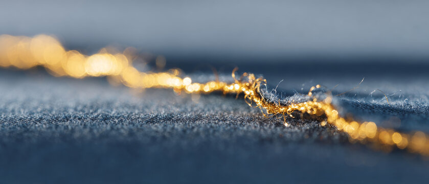 Close-up macro photograph of a golden thread on a textured blue fabric surface with shallow depth of field and bokeh background