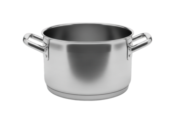 Metal cooking vessel features polished handles and a brushed exterior surface
