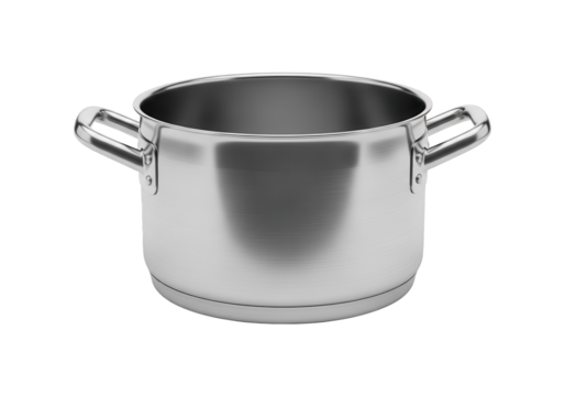 Metal cooking vessel features polished handles and a brushed exterior surface