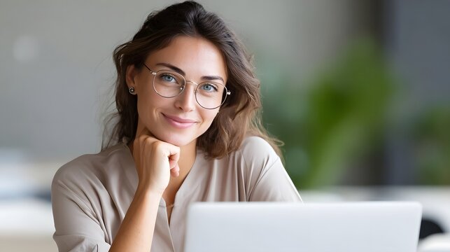 A confident young woman with glasses smiles as she thoughtfully works on her laptop at a desk in a bright contemporary office environment - Powered by Adobe