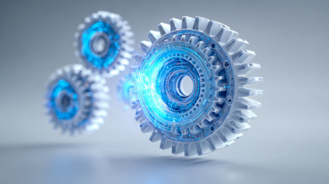High-tech futuristic mechanical gears with glowing blue energy elements representing advanced technology and digital innovation in machinery design