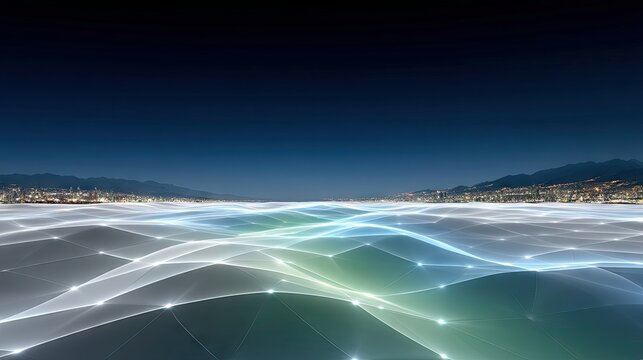 A futuristic digital network with glowing lines and nodes spreads across a landscape, overlooking a city skyline illuminated at night under a dark blue sky.