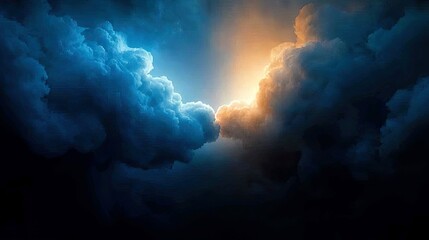 A dramatic scene of dark, turbulent storm clouds illuminated by a bright golden light breaking through from the upper right, creating a powerful contrast.