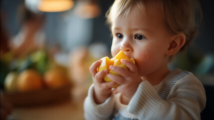 Infant eating fruit with messy face faceless baby defocused closeup background feeding moment childhood dining scene developmental milestone visualization with copy space