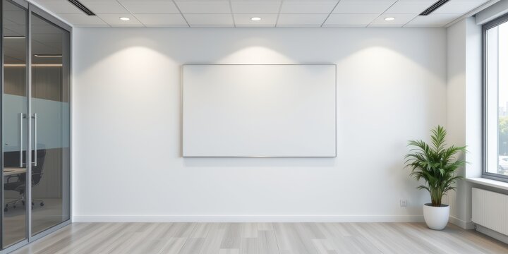 Modern office interior with a whiteboard and minimalist design elements.