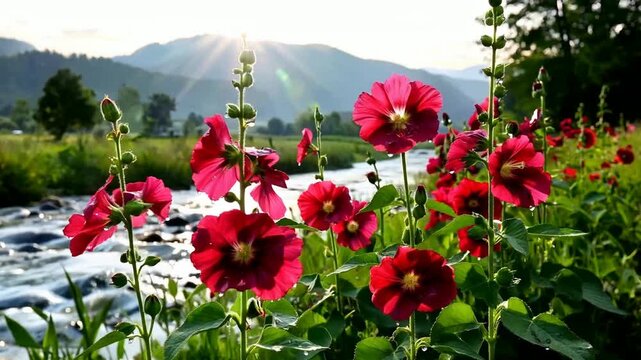 Crimson Hollyhocks by a Mountain Stream - A Floral Paradise.