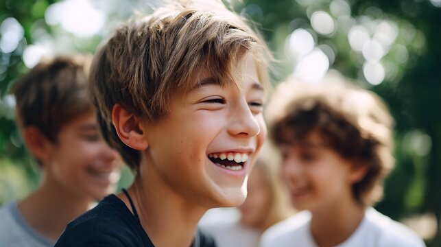 A joyful candid outdoor portrait capturing a young boy mid laughter surrounded by friends in a sunlit natural setting highlighting happiness and youthful ex ance