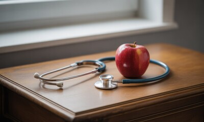 A red apple sits on a wooden table beside a medical stethoscope