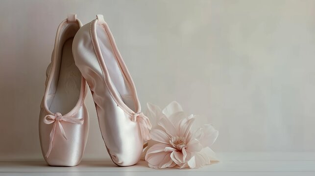 Satin ballet pointe shoes beside a flower represent dance training, choreography, performance, and ballet equipment marketing. Ballet merchandise, academy advertising, stage preparation