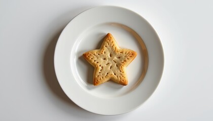 Star-shaped cookie on a white plate against a simple background.
