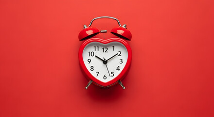 Red heart shaped alarm clock on a vibrant red background