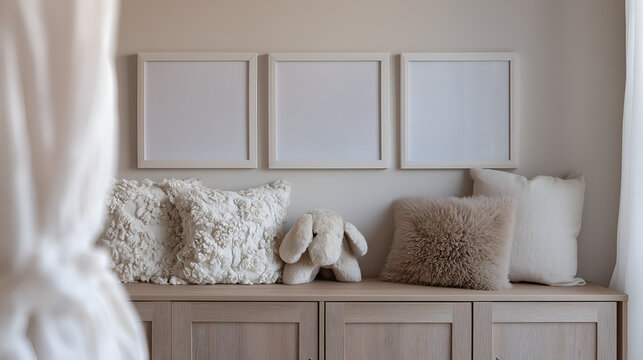 Cozy pastel nursery mockups with poster and frame scenes. Soft colors, minimal design, and playful kids room details for wall art and artwork presentation.