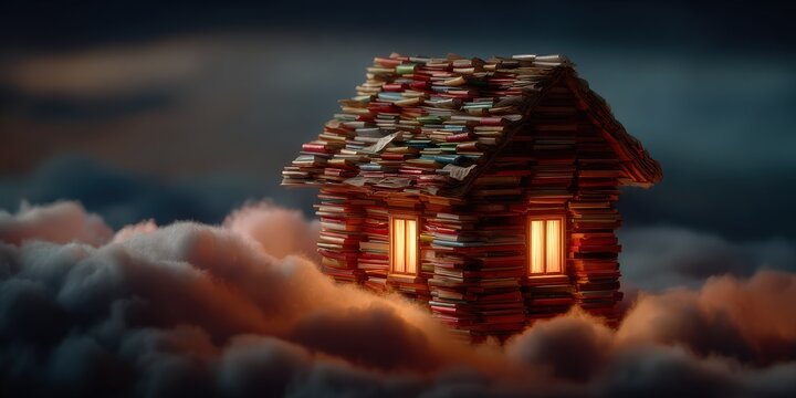 Cozy cottage with glowing windows floating on soft clouds at night