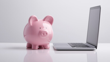 Savings are encouraged with a piggy bank by a laptop, created AI