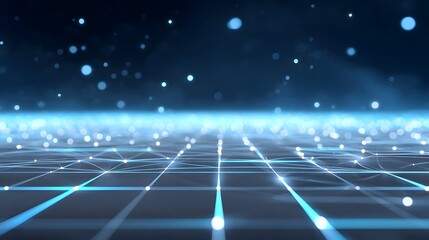 Abstract digital network grid with glowing blue lines interconnected nodes and scattered luminous particles against a dark futuristic cyberspace background symbolizing data and connection