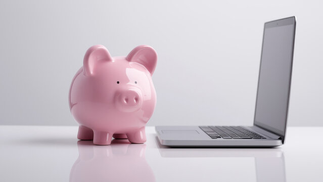 Savings are encouraged with a piggy bank by a laptop, created AI