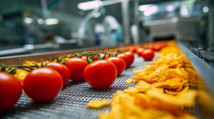 Vibrant red tomatoes and golden potato chips moving along a conveyor belt in a modern food processing factory with blurred background workers and equipment