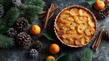 Delicious tangerine pie on a New Year's background with cones, pine branches