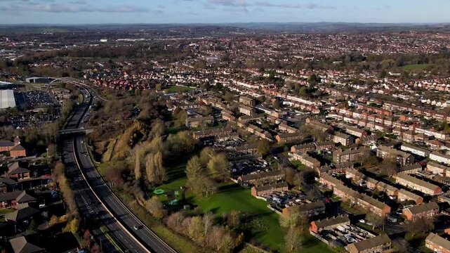 Motorway interchange near business park and housing estate