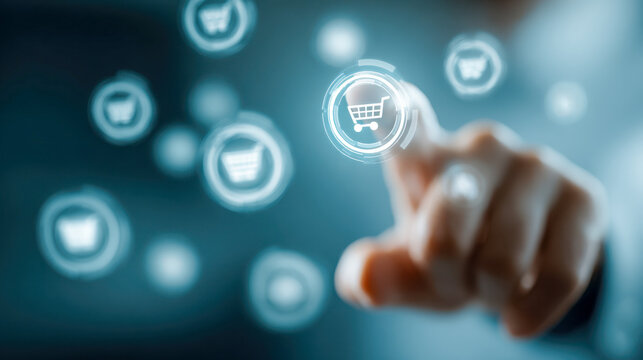 Businessman interacting with futuristic virtual shopping cart icons representing digital retail and online ecommerce technology concept in a modern interface