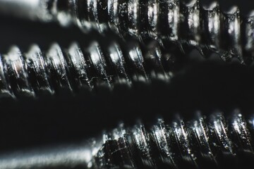 Close up view of metallic screw threads showing detailed reflections and textures