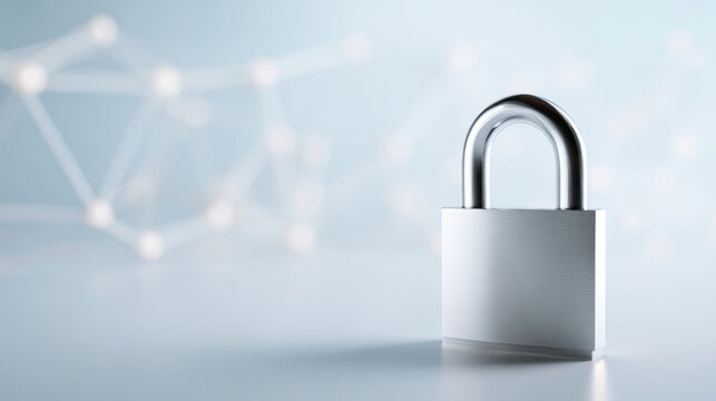 Close-up of a silver padlock symbolizing security and protection with a blurred network connection background in soft blue tones - Powered by Adobe