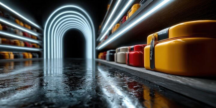 Futuristic shop neon tunnel with glowing arches and reflections