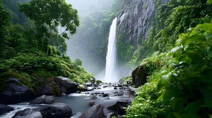 A powerful towering waterfall plunges into a clear river surrounded by dense verdant jungle foliage and moss covered rocks creating a breathtaking natural landscape scene