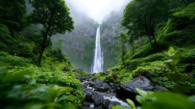 A powerful tall waterfall plunges into a rocky stream framed by lush green vegetation and mist shrouded cliffs in a breathtaking natural landscape