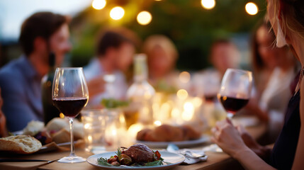 Joyful outdoor dinner gathering with companions faceless friends defocused evening background social celebration moment alfresco dining scene group entertainment visualization
