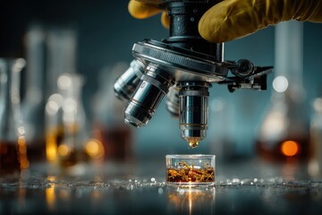 Close-up of a microscope examining liquid samples in a cold blue laboratory setting