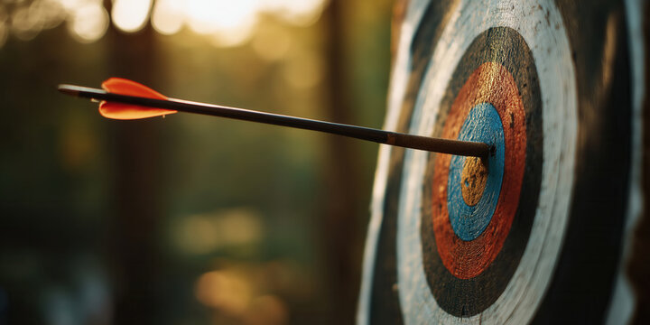 Arrow hitting center of archery target. Arrow perfectly hitting the bullseye, exemplifying skilled aim and precision.