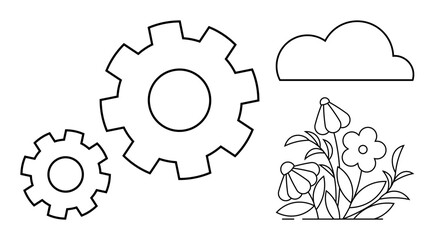Two interconnected gears, blooming flowers, and a cloud highlight harmony between technology and nature. Ideal for innovation, sustainability, ecology, teamwork, growth balance and industry. Simple