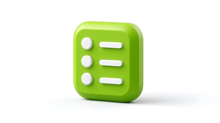 A vibrant 3D green icon representing a checklist or to do list featuring white bullet points and lines ideal for organizational or task management concepts
