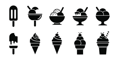 Collection of black and white ice cream dessert icons