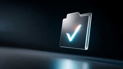 Glowing translucent folder icon with check mark symbol floating in dark space representing verified digital files and secure data management