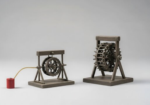 Two detailed models of historical scientific devices, possibly perpetual motion machines or water wheels, on a plain background.