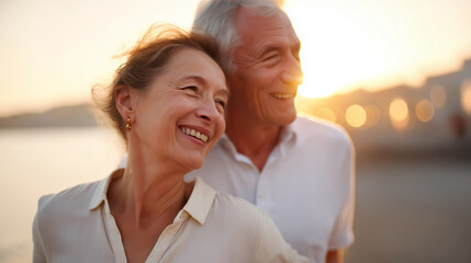Happy senior couple walking and laughing together on beach faceless elderly pair defocused sunset background golden hour lighting moment warm tones lifestyle scene romantic