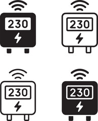Isolated Smart Energy Meter Icons black vector set, energy meter, electricity monitor, home device, thin stroke minimal outline filled icon, smart energy tech, circuit style home system design