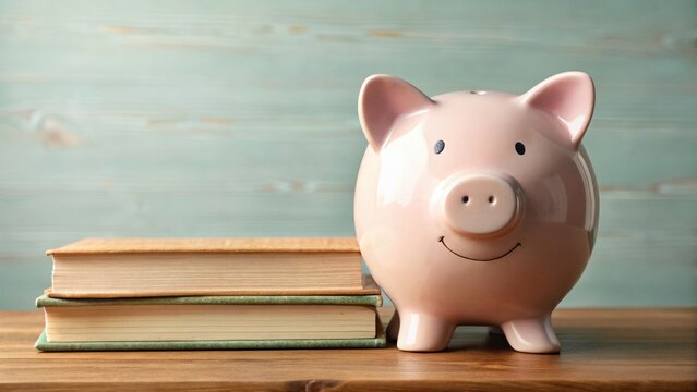A cheerful piggy bank rests beside a stack of books, symbolizing the financial investment in education and the pursuit of knowledge.