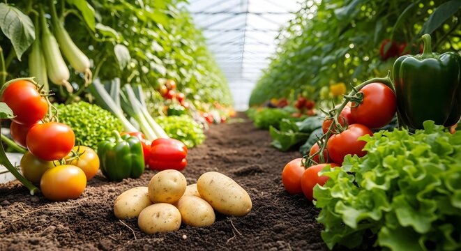 Fresh vegetables with potatoes growing in a greenhouse, ready for harvest
