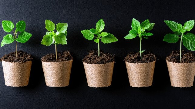 Five small green seedlings in biodegradable pots are lined up against a dark background, illustrating different stages of plant growth from left to right.