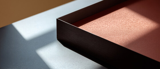 Close-up of a textured rectangular tray casting shadows on a smooth surface with soft natural light and contrasting colors