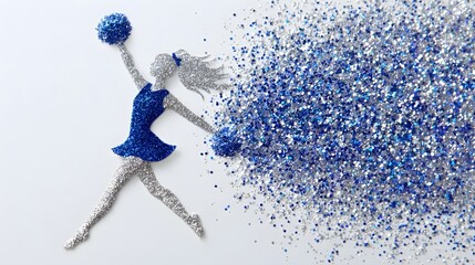 An ic dynamic representation of a cheerleader performing a jump crafted from sparkling blue and silver glitter with a vibrant burst of glitter trailing behind