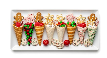 Decorated ice cream cones on a rectangular white platter