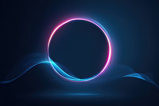 Glowing neon circle with blue waves against a dark backdrop