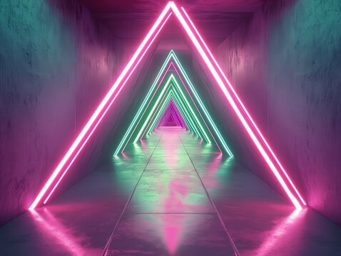 Enter the neon future with vibrant glowing triangles, perfect for modern tech backgrounds and digital art